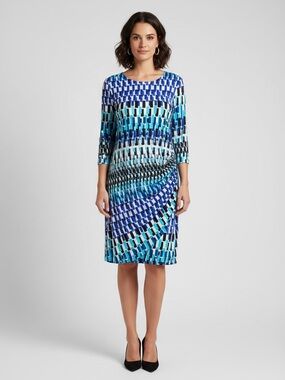 Chico’s three quarter sleeve lined dress, side rouching